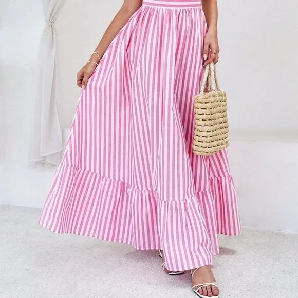 Pink Boho Womens Striped Print Cut Out Ruffle Hem Halter Neck Dress - Picture 3 of 5